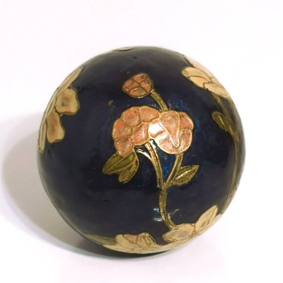 Vintage Enamel Cloisonne Over Brass Ball Sphere Blue Pink Floral Large - Picture 2 of 5